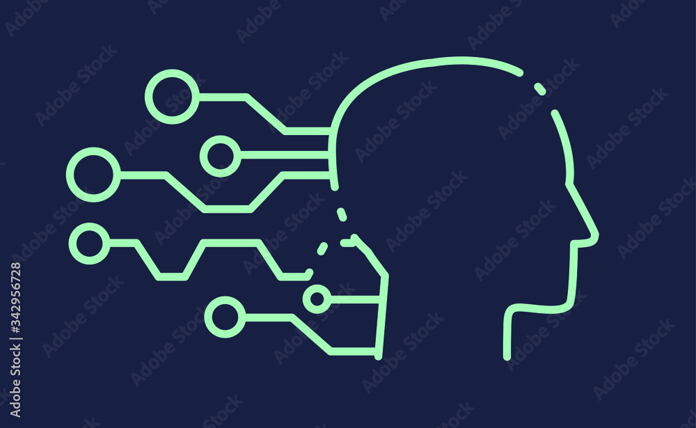 Aufkleber Head with circuit elements on dark background.The analytical system, Neural networks and artificial intelligence concept. Simple line art style vector illustration for logotype or cover. 