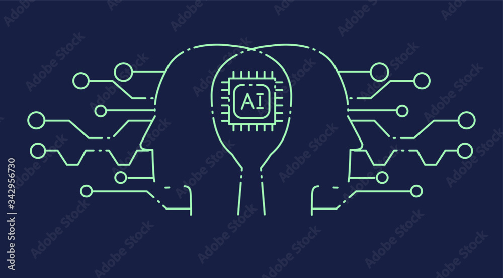 Poster Head with circuit elements on dark background.The analytical system, Neural networks and artificial intelligence concept. Simple line art style vector illustration for logotype or cover. 