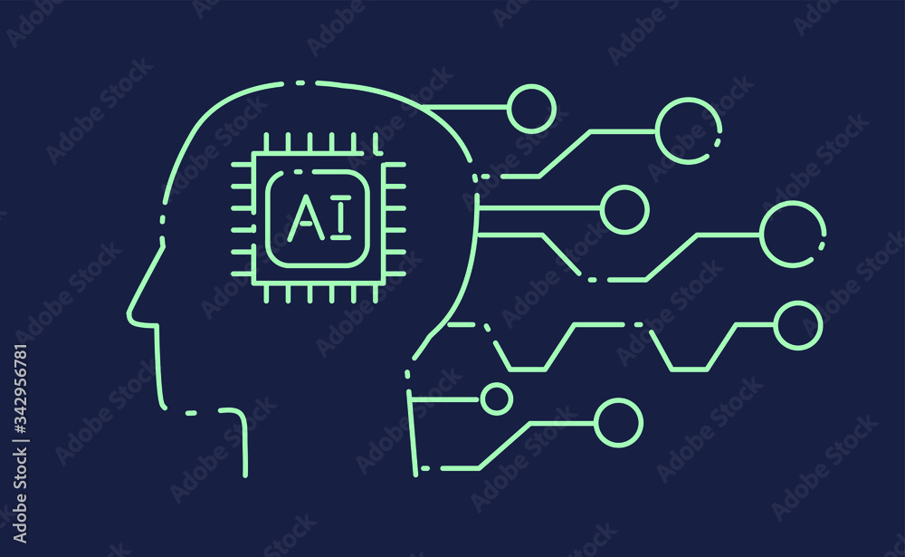 Poster Head with circuit elements on dark background.The analytical system, Neural networks and artificial intelligence concept. Simple line art style vector illustration for logotype or cover. 