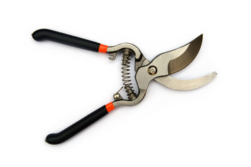 Black garden secateurs isolated on a white background
