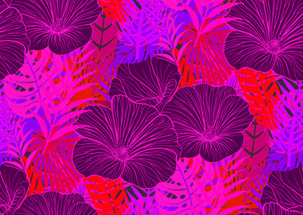 Seamless pattern with trendy tropical summer motifs, exotic leaves and plants. Violet, purple, blue, pink colors. For fabric, wallpapers, textile.