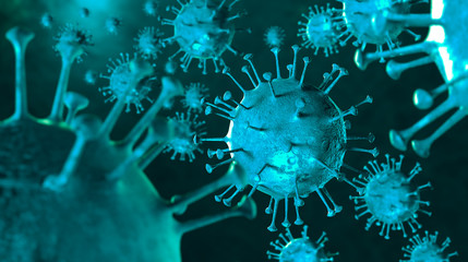 3D illustration Coronavirus COVID-19 virus under microscope in blood sample background. Outbreak of...