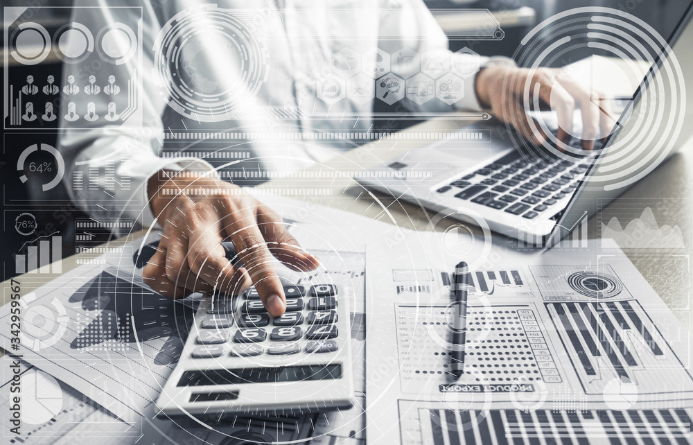 Poster data analysis for business and finance concept. graphic interface showing future computer technology