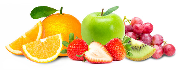 Pile of various types of fresh organic fruits ( red berry strawberry, green apple, kiwi slice, orange and grapes fruit ) isolated on white background. Healthy food boost immunity system concept.