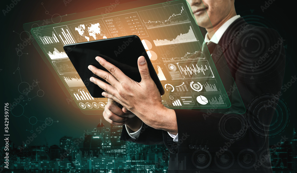 Poster big data technology for business finance analytic concept. modern graphic interface shows massive in