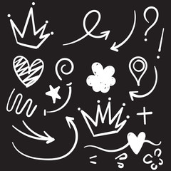 Decoration for your texts and photos with hand drawn elements.Swoops, emphasis doodles. Highlight text elements, calligraphy swirl, tail, flower, heart, graffiti, and crown. doodle cartoon.