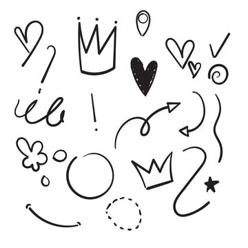 Decoration for your texts and photos with hand drawn elements.Swoops, emphasis doodles. Highlight text elements, calligraphy swirl, tail, flower, heart, graffiti, and crown. doodle cartoon.