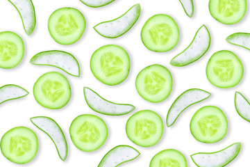 Closeup fresh organic aloe vera and cucumber slice pattern texture for background. Herbal medical plant concept. Top view. Flat lay.
