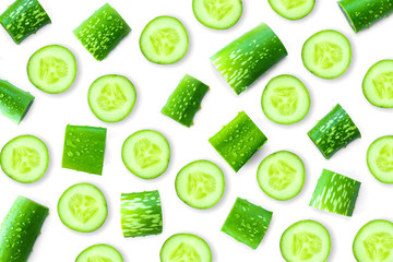 Closeup fresh organic aloe vera and cucumber slice pattern texture for background. Herbal medical plant concept. Top view. Flat lay.