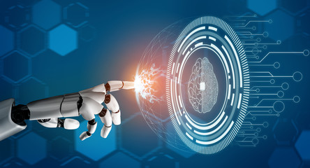 3D Rendering futuristic robot technology development, artificial intelligence AI, and machine...