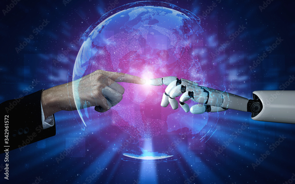 Poster 3d rendering artificial intelligence ai research of robot and cyborg development for future of peopl