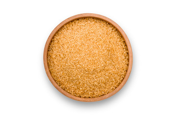 Closeup brown sugar in wooden bowl  isolated on white background with clipping path. Unhealthy diet ,awareness and stop diabetes concept. Top view. Flat lay.
