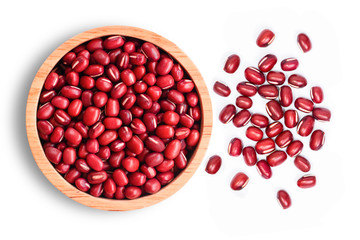 Red small Azuki beans ( Adzuki or japanese red bean ) in wooden bowl isolated on white background. Top view. Flat lay.