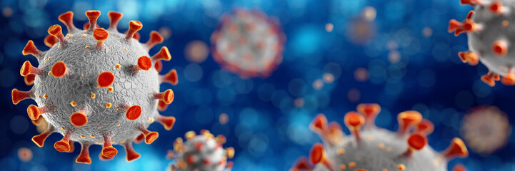Novel Coronavirus, 2019-nCoV or SARS-CoV-2, cause of the global flu pandemic. Microscopic virus close up concept. 3d rendering. - obrazy, fototapety, plakaty