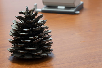 There is a cone decor on the office desk. The table is dark brown.