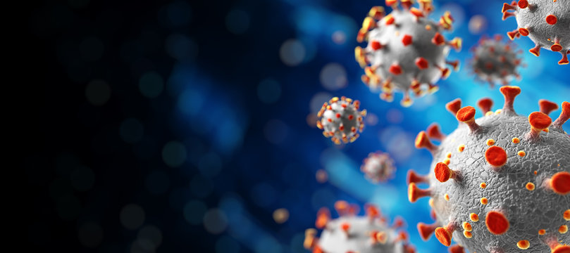 Novel Coronavirus, 2019-nCoV or SARS-CoV-2, cause of the global flu pandemic. Microscopic virus close up concept. 3d rendering.