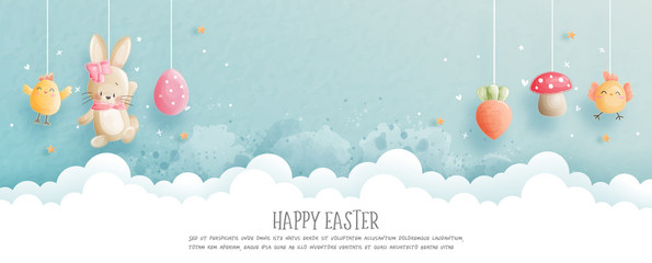 Happy Easter banner with cute bunny and Easter egg. 