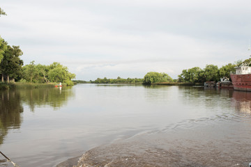 Las Vacas stream, in Carmelo, Uruguay, view from a ferry