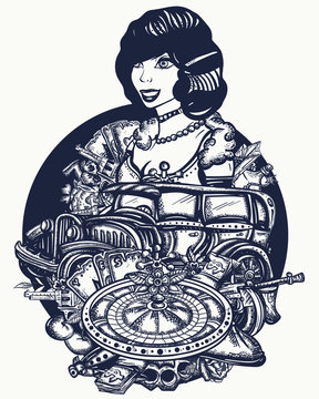 Crime movies art. Criminal elegant noir woman, casino lady croupier, pin up girl, gangster car, roulette wheel, weapons, gamblings. Old Chicago vector concept. Tattoo and t-shirt design