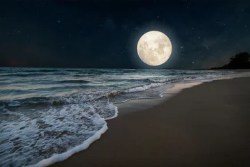 Foto op Plexiglas Romantische stijl Prachtige natuurfantasie - romantisch strand en volle maan met ster. Retro stijl met vintage kleurtoon. Zomerseizoen, huwelijksreis in de achtergrond van de nachtelijke hemel.
