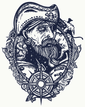 Old pirate captain smocking pipe. Elderly sea wolf, parrot, compass,  rope, wave, swallows and black cats. Symbol of ocean adventure, treasure island. Old school tattoo style. Marine t-shirt art