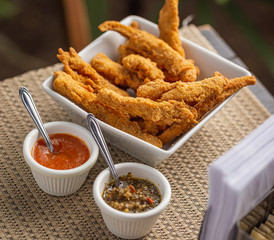 breaded chicken breast strips with dressings