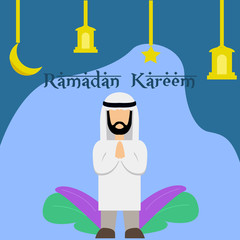 Flat ramadan vector design with robed Muslim men, plants, lights, stars and moon