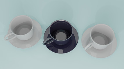 3d render illustration. White ceramic cup isolated on background. coffee and tea cup on disc.
