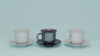 3d render illustration. White ceramic cup isolated on background. coffee and tea cup on disc.