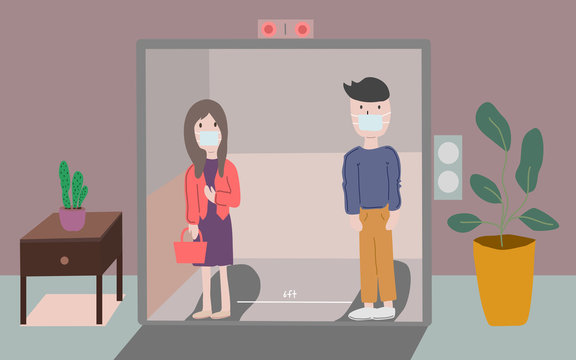 Allow only 2 persons in the elevator. 6ft (feet) away from each other, social distance to avoid and protect coronavirus, Covid-19, flu. Stay safe stay strong. - Vector can use for print, hospital