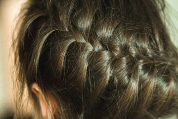 Braded pigtails close up from the hair on girl head