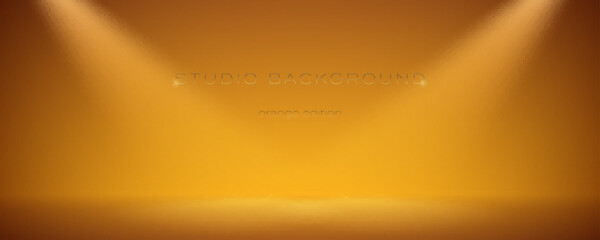 Orange empty studio with two spotlights. Soft gradient in the air and floor from the rays of the searchlight. Light room for background, display brand or product. Color edition. Vector 3d illustration - obrazy, fototapety, plakaty