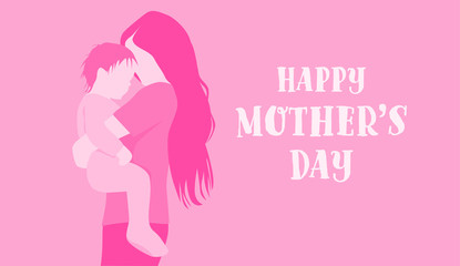 Mother's Day banner background pink flat simple vector illustration mother holding baby