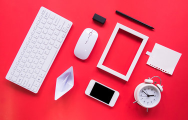 Top view, office desk and office tools with copy space.