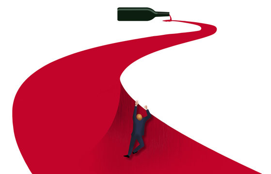 A Man Struggles To Climb Out Of A River Of Wine Spilling From A Bottle In This Illustration About Alcoholism And Recovery.