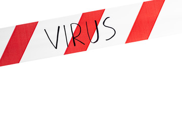 Label virus. Red and white warning tape with the inscription virus close up on an isolated white...