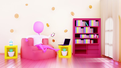 3d character with laptop sitting on a sofa in pink room. Abstract concept art lazy sedentary lifestyle of a freelancer working from home, plants, floating money, 3d illustration on pink background.
