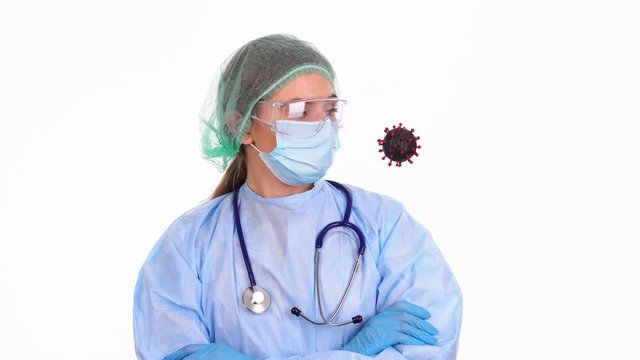 Doctor praying to stop coronavirus pandemic near COVID-19 virus cell, medical humanism concept