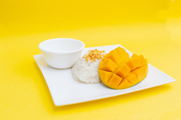 Mango Sticky Rice.Pulut Mangga. Thai dessert flatlay