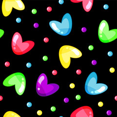 Seamless pattern with glamour multicolor hearts and dots isolated on the black background. Vector illustration