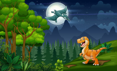 Cartoon dinosaurs playing at the night landscape © dreamblack46