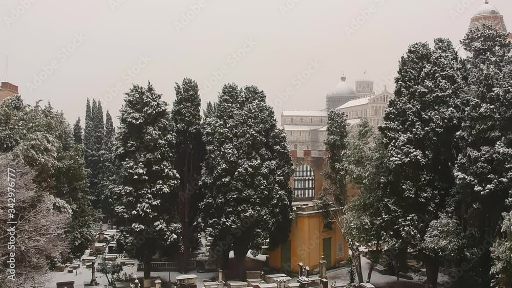 Sticker aerial view of square of miracles during a winter snowfall, pisa, italy