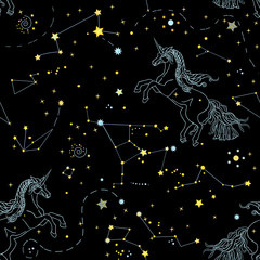 Romantic seamless pattern with space and linear contour unicorns on the blue background. Vector illustration