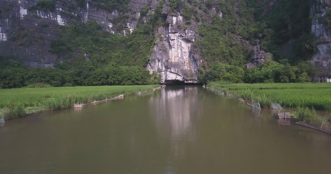 Aerial view of Tam Coc Bich Dong, part of the Trang An Scenic Landscape Complex UNESCO World Heritage site, Ninh Binh. Tam Coc is a flooded cave karst system, Bich Dong is a series of moutain pagodas