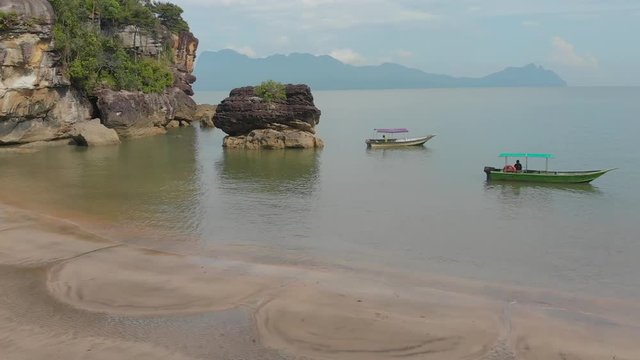 Aerial descending on a paradise beach at Bako National Park, Kuching, Malaysia