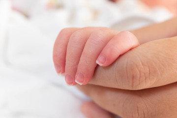 Hand of sleeping new born infant baby in the hand of mother close up on the bed