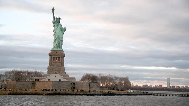 The Statue of Liberty as seen from a moving boat on the Hudson River