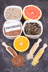Products and ingredients as source vitamins and minerals. Beneficial eating for thyroid gland