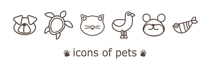 set of six icons with pets in a linear style on a white background