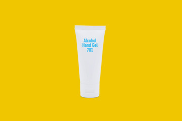 Mockup product alcohol hand gel 70% isolated on yellow background, sanitizer for protection covid-19 (Coronavirus), antiseptic for protect pandemic, antibacterial and flu to cleaning hand.